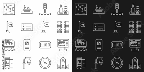 Set line Railway station, Ticket office to buy tickets, Railway, railroad track, Train traffic light, Road signpost, Cafe and restaurant location, map and icon. Vector