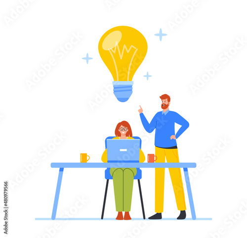 Business People Brainstorm, Searching Solution, Teamwork Cooperation, Eureka Concept. Colleagues Characters with Laptop