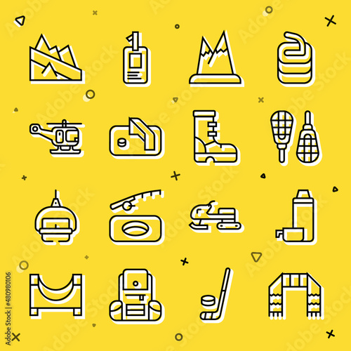 Set line Winter scarf, Thermos container, Snowshoes, Mountains, Ice hockey goal, Rescue helicopter, descent and Waterproof rubber boot icon. Vector