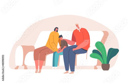 Parents Support their Child, Father and Mother Comforting Upset Kid. Sad Son with Anxious Emotions and Dull Face