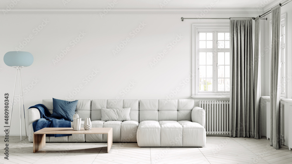 Fototapeta premium Beautiful interior of a modern room. Bright and clean design. A sofa standing by a large window against a wall background. 3D rendering