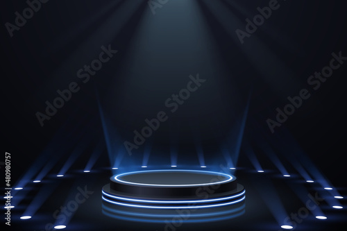 Abstract black podium with blue light effects