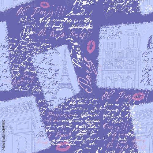 Seamless pattern with the sights of Paris in very peri color. The Eiffel Tower, Notre Dame de Paris, the Arc de Triomphe in the engraved style with handwritten text.
