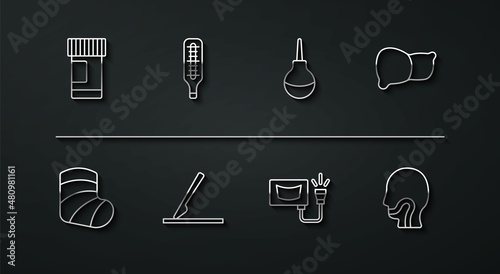 Set line Medicine bottle and pills, Gypsum, Human organ liver, Ultrasound, Medical surgery scalpel, thermometer, Sore throat and Enema icon. Vector