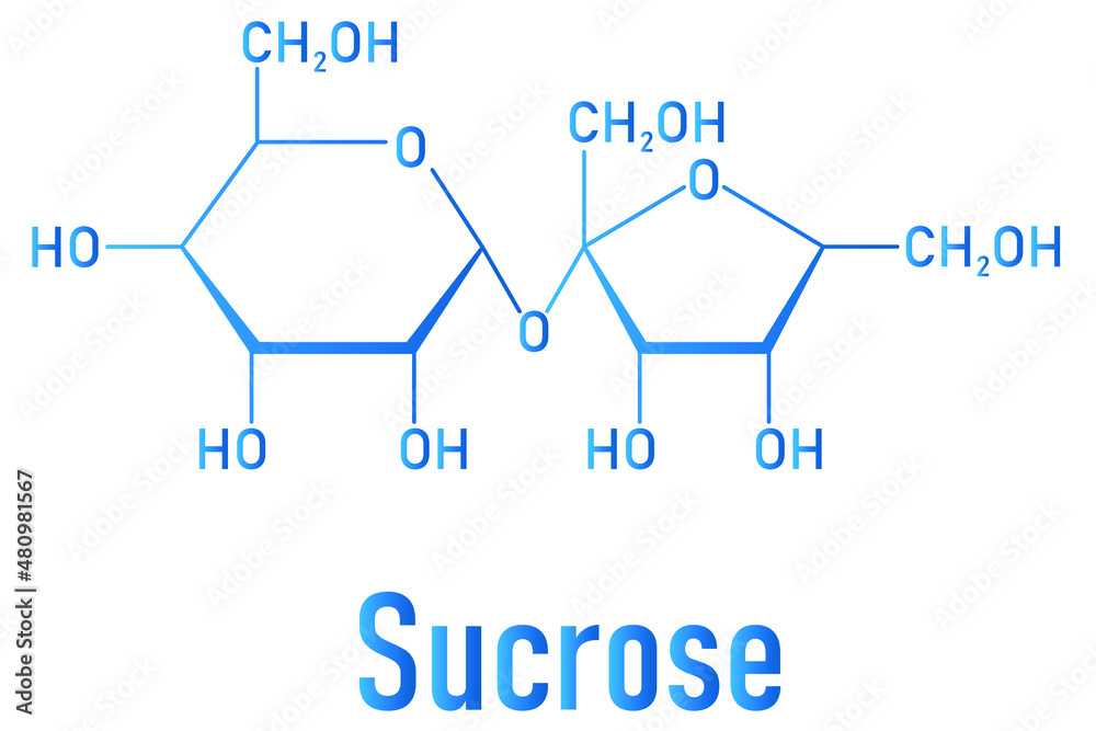 Sucrose sugar molecule. Also known as table sugar, cane sugar or beet
