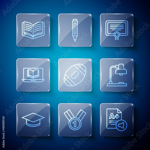 Set line Graduation cap, Medal, Exam sheet with A plus grade, Certificate template, American Football ball, Online class, Open book and Table lamp icon. Vector