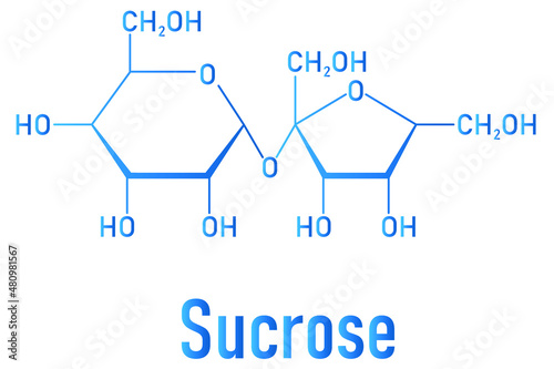 Sucrose sugar molecule. Also known as table sugar, cane sugar or beet sugar. Skeletal formula.
