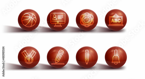 Set line Basketball ball, Medal, Chalkboard, Marker pen, Pencil with eraser, Online class, Ringing bell and Atom icon. Vector