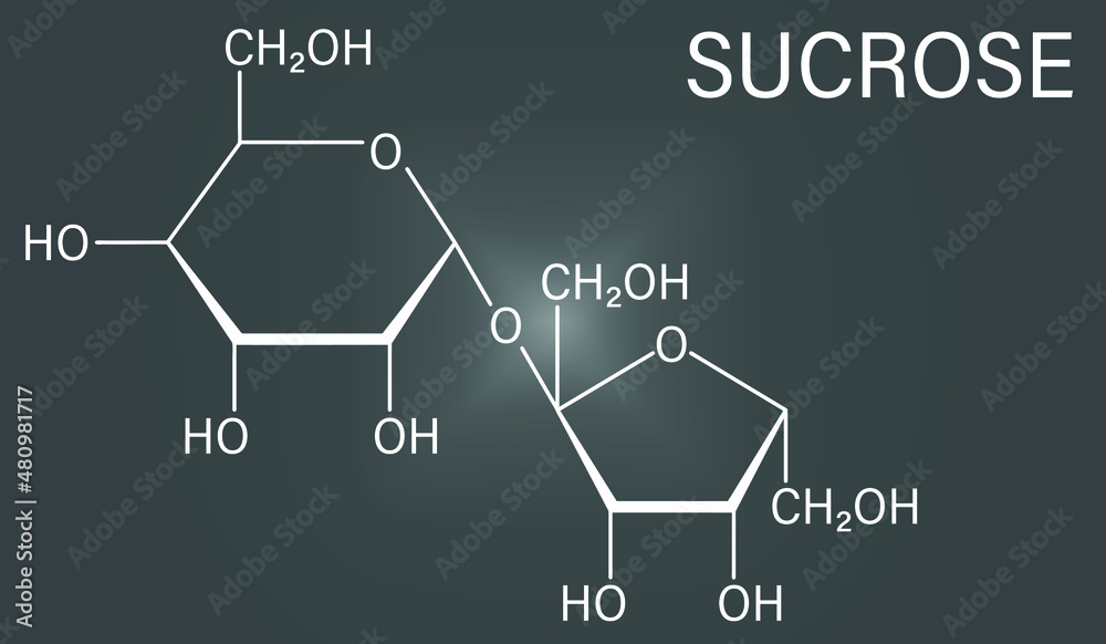Sucrose sugar molecule. Also known as table sugar, cane sugar or beet