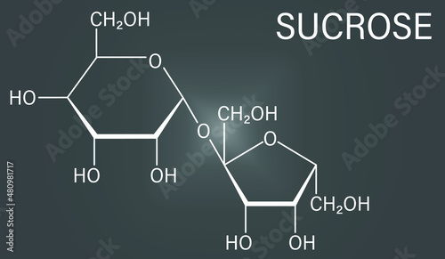 Sucrose sugar molecule. Also known as table sugar, cane sugar or beet sugar. Skeletal formula.