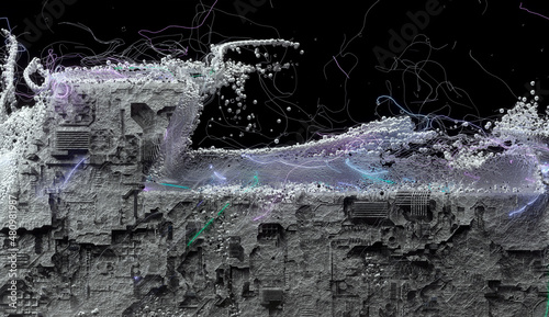 3d render of abstract art 3d background with part futuristic concrete building construction with cyber pattern on surface in grey color with liquid splashes around based on small balls particles 