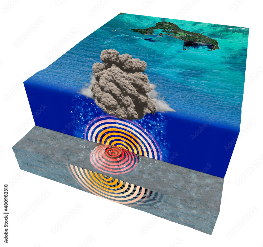 Eruption of the underwater volcano near the island of Tonga. Hunga