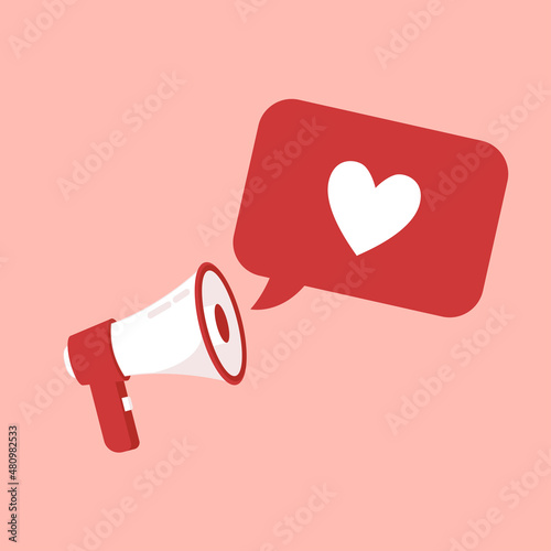 Valentine's day poster. Megaphone cartoon vector. Megaphone and heart icon.