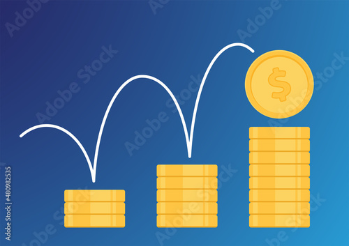 Gold coin vector. Coins icon. Stack of golden coin like income graph. Vector illustration.