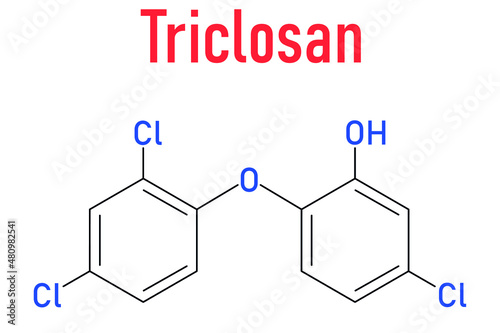 Triclosan antimicrobial molecule. Used in hand soaps, hospital scrubs, deodorants, mouth wash, etc. Skeletal formula.