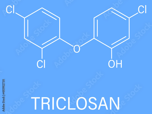 Triclosan antimicrobial molecule. Used in hand soaps, hospital scrubs, deodorants, mouth wash, etc. Skeletal formula.