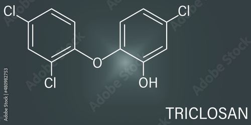 Triclosan antimicrobial molecule. Used in hand soaps, hospital scrubs, deodorants, mouth wash, etc. Skeletal formula.