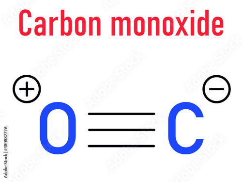 Carbon monoxide or CO toxic gas molecule. Carbon monoxide poisoning frequently occurs due to malfunctioning fuel-burning home appliances. Skeletal formula.