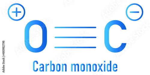 Carbon monoxide or CO toxic gas molecule. Carbon monoxide poisoning frequently occurs due to malfunctioning fuel-burning home appliances. Skeletal formula.