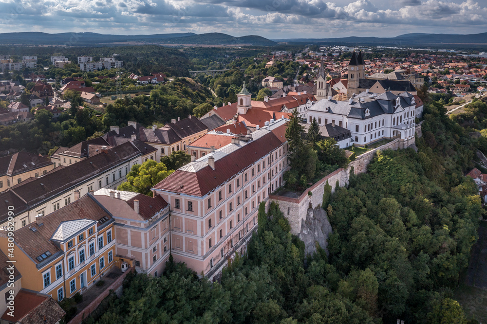Aerial view of the castle district in Veszprem Hungary with the walls, bastions bishop palace and other medieval building including the hero's gate and fire tower