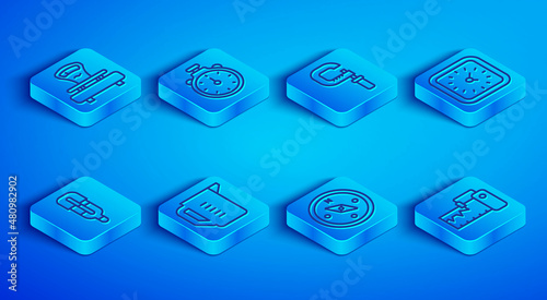 Set line Scales, Stopwatch, Micrometer, Measuring cup, Compass, Clock, Medical thermometer and instrument icon. Vector