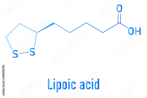 Lipoic acid enzyme cofactor molecule. Present in many nutritional supplements. Believed to have anti-oxidant, anti-aging and weight-loss effects. Skeletal formula.