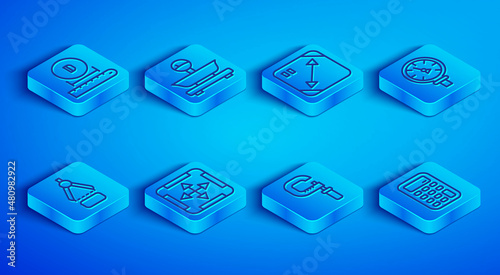 Set line Diameter, Scales, Diagonal measuring, Area measurement, Micrometer, Pressure water, Drawing compass and Calculator icon. Vector