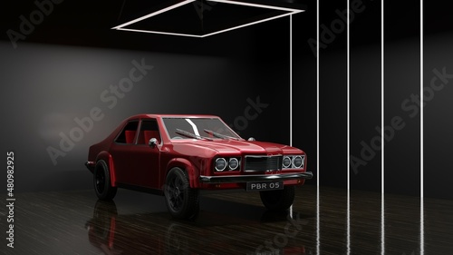 red contessa car in garage, old vintage car photo