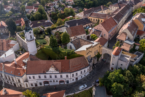 Aerial view of the castle district in Veszprem Hungary with the walls, bastions bishop palace and other medieval building including the hero's gate and fire tower photo