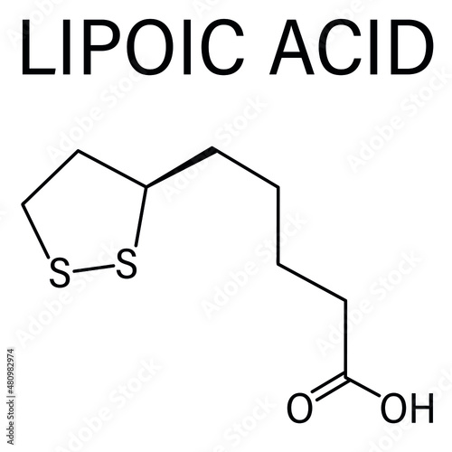 Lipoic acid enzyme cofactor molecule. Present in many nutritional supplements. Believed to have anti-oxidant, anti-aging and weight-loss effects. Skeletal formula.