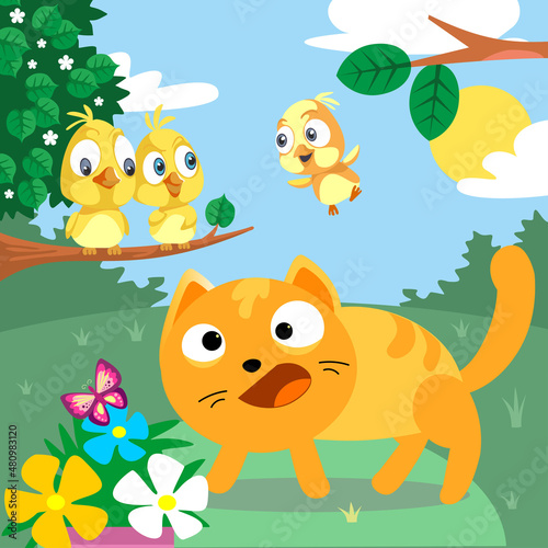 The kitten saw a butterfly in the yard. Character in cartoon style on a summer background. Vector full color illustration.