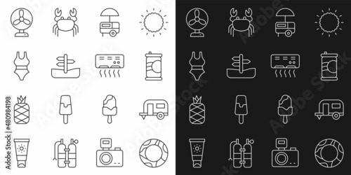 Set line Rubber swimming ring, Rv Camping trailer, Soda can, Fast street food cart, Road traffic sign, Swimsuit, Electric fan and Air conditioner icon. Vector