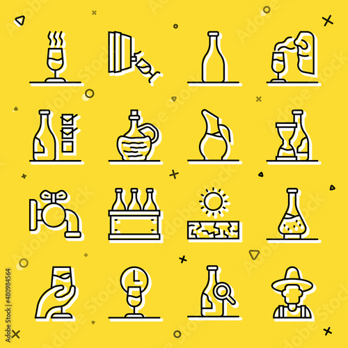 Set line Farmer in the hat, Decanter for wine, Bottle of, Wine italian fiasco bottle, tasting, degustation and icon. Vector