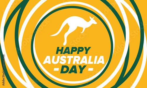 Australia Day. National happy holiday, celebrated annual in January 26. Australian patriotic elements. Kangaroo silhouette. Poster, card, banner and background. Vector illustration