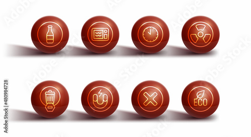 Set line Bottle, Trash can, Radioactive, X Mark, Cross in circle, Magnet, Microwave oven, Leaf Eco symbol and Clock icon. Vector