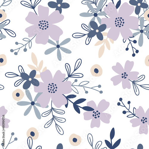 Flowers seamless pattern. Charming floral background with botanical elements. Endless botanical texture for wrapping paper and decorative design. Colored spring vector illustration