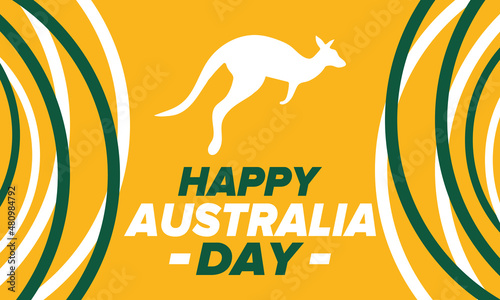 Australia Day. National happy holiday, celebrated annual in January 26. Australian patriotic elements. Kangaroo silhouette. Poster, card, banner and background. Vector illustration