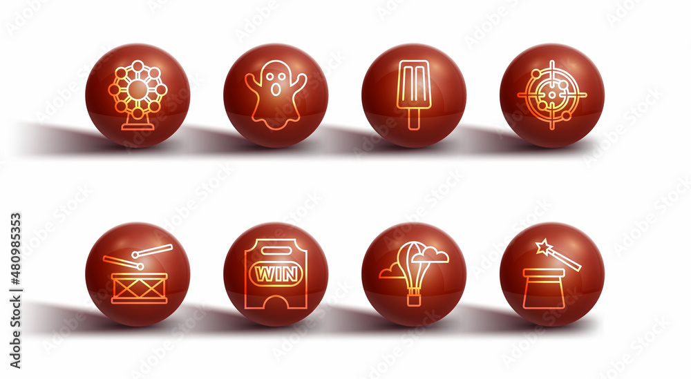 Set line Ferris wheel, Drum with drum sticks, Target sport, Hot air balloon, Circus ticket, Ghost, Magic hat and wand and Ice cream icon. Vector Set line Ferris wheel, Drum with drum sticks, Target sport, Hot air balloon, Circus ticket, Ghost, Magic hat and wand and Ice cream icon. Vector