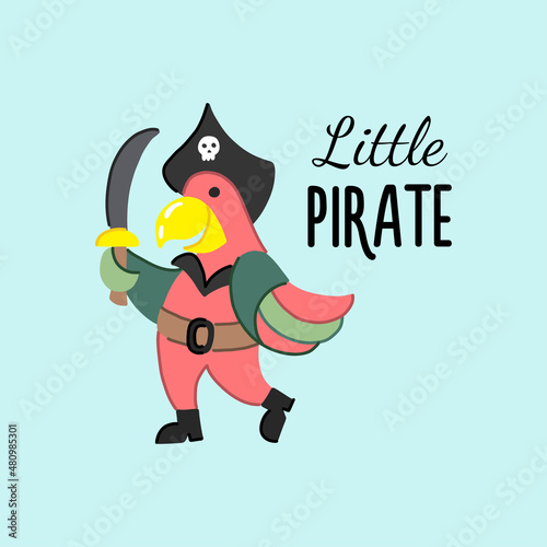 Parrot with a saber in pirate clothes, a postcard for a little pirate