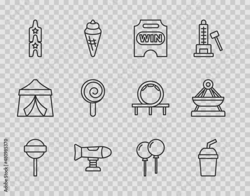 Set line Lollipop, Paper glass with water, Circus ticket, Swing plane, Balloons ribbon and Boat swing icon. Vector