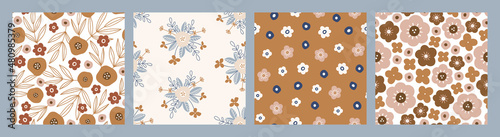 Collection of floral seamless patterns in flat style with blooming flowers. Hand drawn endless summer background for textile and wallpaper. Colored botanical illustration, contemporary backdrop