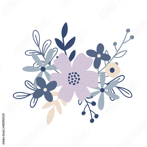 Vector floral arrangement for Valentines Day, Mothers Day and holidays. Blooming bouquet with charming flowers. Hand drawn vector illustration for prints and posters. Colored flat summer illustration