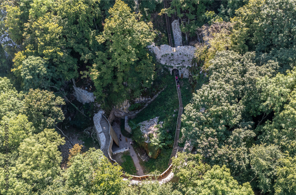 Aerial view of the lower castle at medieval castle ruin Szadvar in Szogliget Hungary Aerial view of the lower castle at medieval castle ruin Szadvar in Szogliget Hungary
