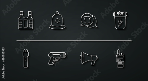 Set line Bulletproof vest, Police electric shocker, Megaphone, British police helmet, Walkie talkie and badge icon. Vector