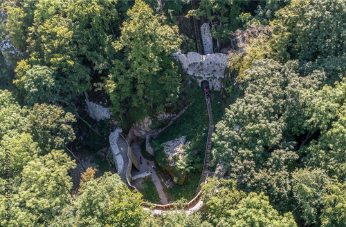 Aerial view of the lower castle at medieval castle ruin Szadvar in Szogliget Hungary photo