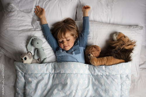 Tablou pe pânză Healthy child, sweetest blonde toddler boy sleeping in a bed with a teddy bear and another stuffed animals