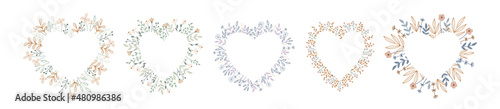 Hand drawn collection of floral hearts isolated on white. Vector flower frames for Valentines Day, Mothers Day, prints and cards. Blooming botanical illustration. Vector arrangement in flat style