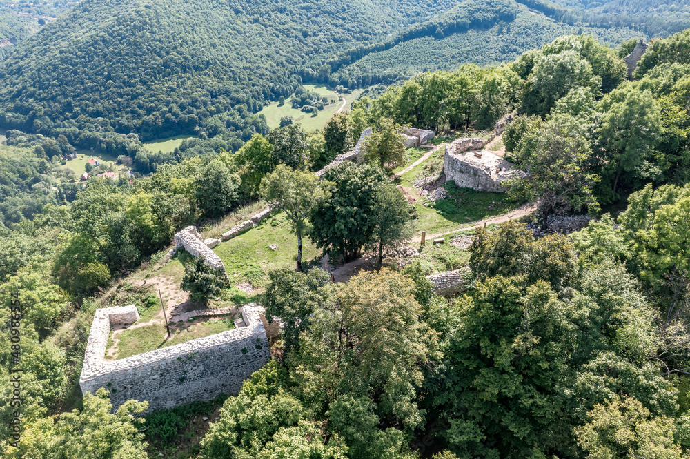 Aerial view of the Nemet bastion a square defensive structure of medieval Szadvar castle near Szogliget Hungary