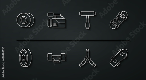 Set line Skateboard wheel, ball bearing, Broken skateboard, Y-tool, Cinema camera, and T icon. Vector
