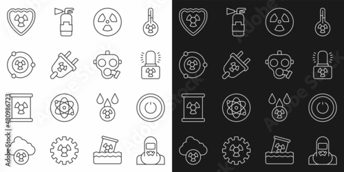 Set line Nuclear reactor worker, Power button, Radioactive warning lamp, Radiation electrical plug, shield and Gas mask icon. Vector
